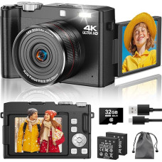 Skaitmeninis fotoaparatas 4K 64 MP fotokamera su 180° apverčiamu 2,8 colio ekranu, 18 kartų automatinio fokusavimo kompaktiškas fotoaparatas su 32G SD kortele ir dviem baterijomis vaikams, suaugusiesiems, vyresniems pradedantiesiems