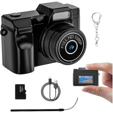 Mini fotoaparatas - FHD 1080P mini retro skaitmeninis fotoaparatas - mažos kišeninės nuotraukų vaizdo kameros su 16 GB kortele - kompaktiškas mikro fotoaparatas, nešiojamas vaizdo įrašymo įrenginys kelionėms, studijoms ir įrašymui (juodas)