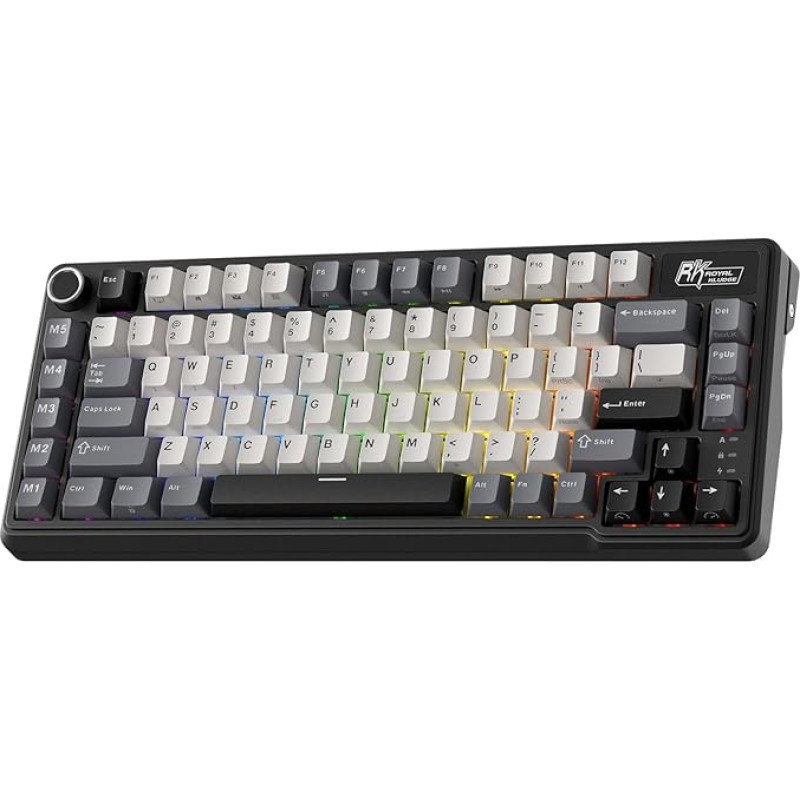 RK ROYAL KLUDGE L75 mechaninė klaviatūra su tarpikliu, mygtukų / makro klavišais ir lietimui jautria vardine plokštele, trijų režimų BT/2.4G/USB-C 75% TKL belaidė klaviatūra, keičiama 