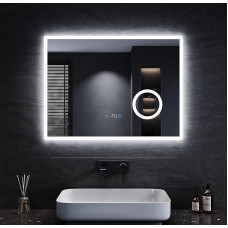 Sonni Bathroom Mirror with Lighting, 80 x 60 cm, 3 Adjustable Light Colours, Anti-Fog LED Bathroom Mirror, Light Mirror, Wall Mirror with Touch Switch, Clock, Temperature, 3x Magnification