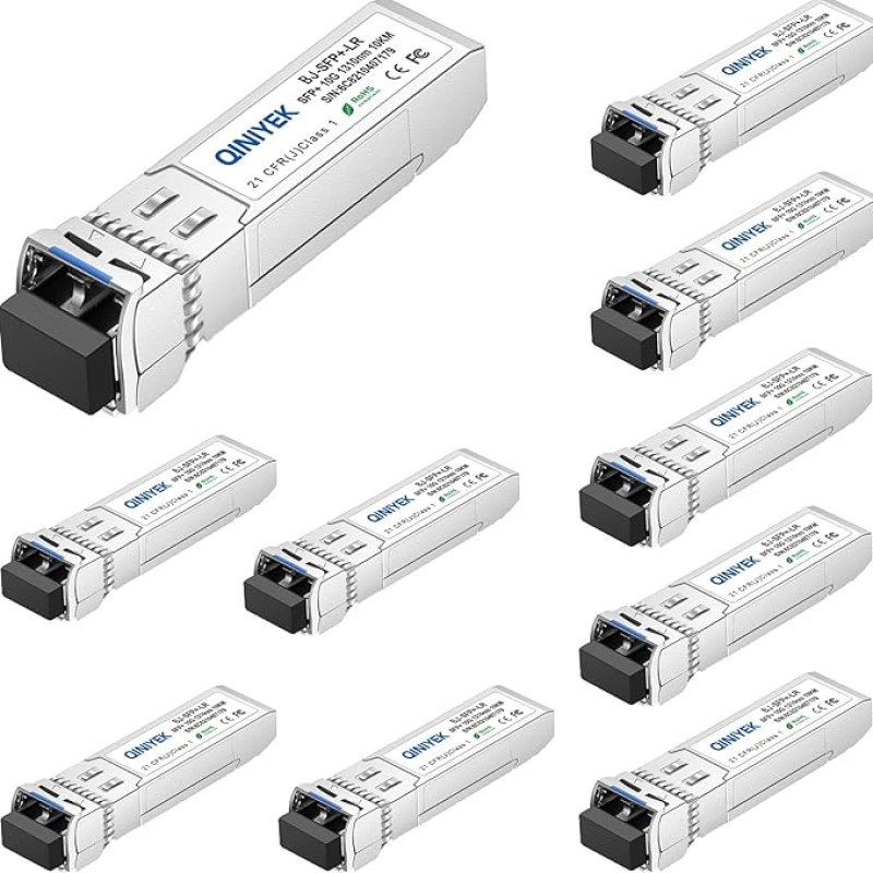 QINIYEK 10 pakuočių 10GBase-LR SFP+ siųstuvų, 10G vienmodis SFP+ LC modulis, skirtas 