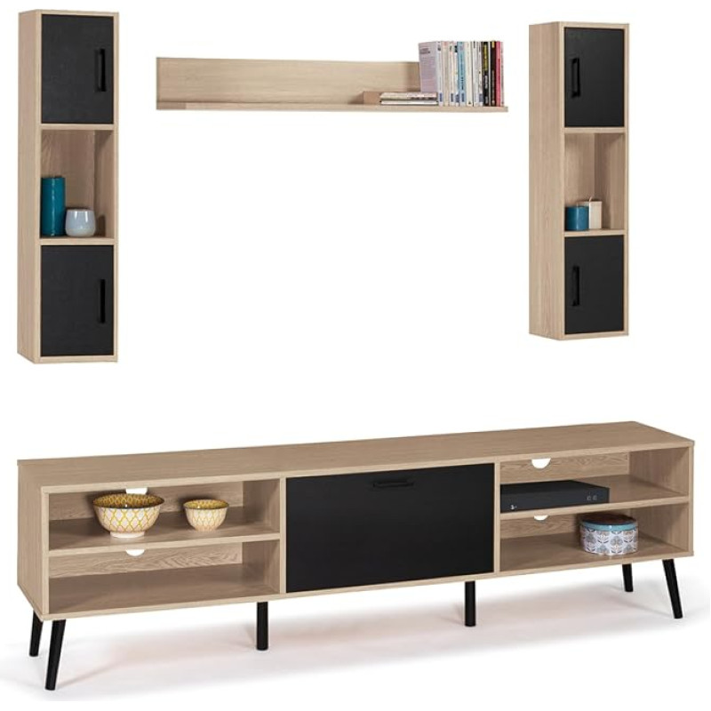 IDMarket - TV spintelė 180 cm ir lentynos Hiustono mediena ir juoda spalva