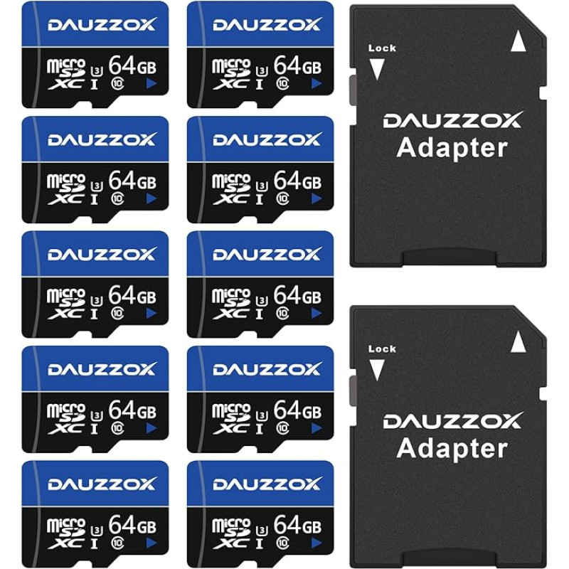 DAUZZOX Micro SD kortelė 64GB 10 Pack MicroSDXC Full HD 4K UHD A1 A1 U3 C10 UHS-I Maksimalus skaitymo greitis 85MB/s TF kortelė išmaniesiems telefonams Veiksmų kamera Vairavimo registratorius