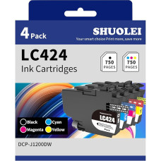 SHUOLEI LC-424 rašalo kasetės, suderinamos su Brother LC424 kasetėmis, skirtomis DCP-J1200DW (4 vnt., geltonos, purpurinės, žydros ir juodos spalvos)