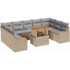 10-ties vietų sodo sofos komplektas su kilimėliais Beige Poly Rattan Akazie, 2-Sitzer Garten Sofa mit Kissen Beige Poly Rattan Gartenlounge Modelis3349503