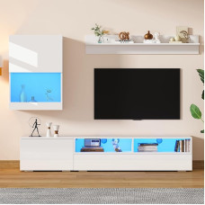175*39*34cm TV Wohnwand-set mit Vitrine (Komplett-Set, 3-St),Mediawand inkl.TV-Board, Standregal und Wandregal,TV Wohnzimmermöbel-Set mit LED und Hochglanz,TV-Schrank,stehend&hängend,TV bis 80',Weiß