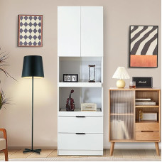 LARFOEK Sideboard with 3 Drawers and 2 Doors, Chest of Drawers with Metal Feet and Glass Doors, Lots of Storage Space, Side Cabinet for Living Room, Bedroom, Hallway, 120 x 38 x 79.5 cm, White