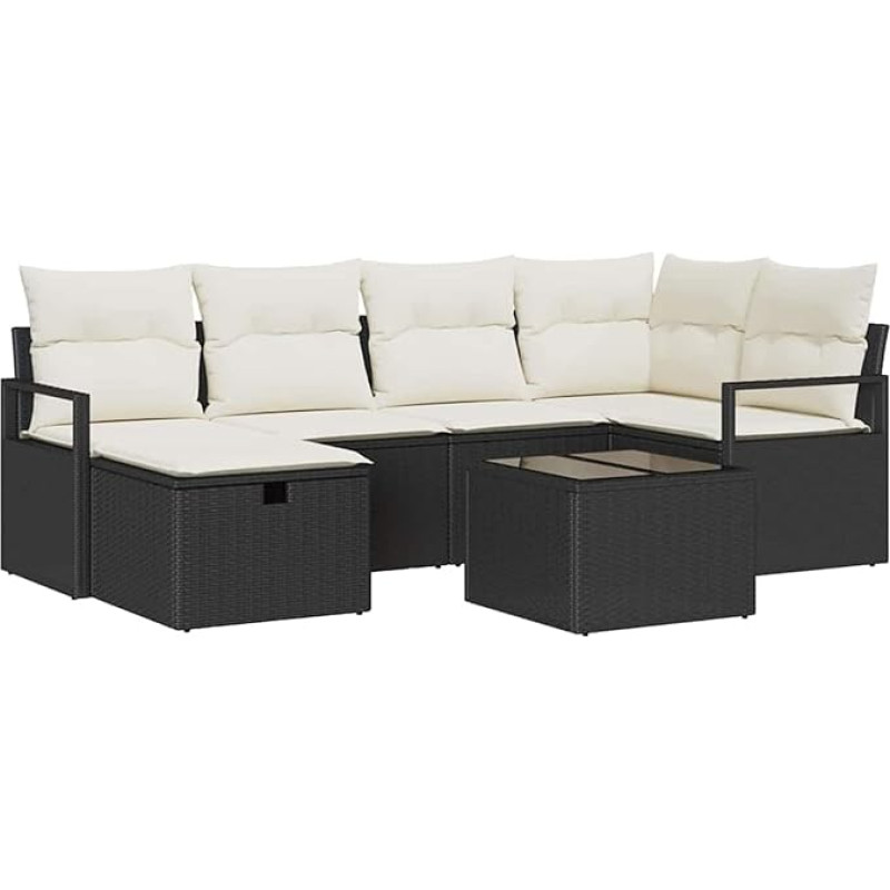 7-teiliges Garten-Sofa-Set mit Kissen Schwarzes Poly-Rattan, 2-Sitzer Garten-Sofa mit Stauraum & Kissen Schwarzes Poly-Rattan Gartenlounge Modelis3360518