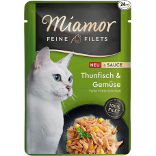 MIAMOR - Fine Fillets in Sauce | Šlapias maistas suaugusioms katėms su filė gabalėliais padaže. Mažai riebalų turintis papildomas maistas šviežiame maišelyje be dirbtinių priedų | 24 x 100 g tuno ir daržovių