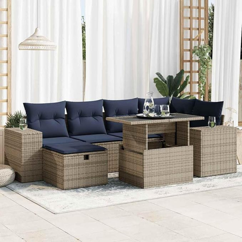 Rantry 7-TLG. Garten-Sofagarnitur mit Kissen Braun Poly Rattan Akazie Gartenlounge Modelis3327941