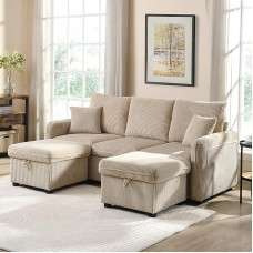 SUKY daugiafunkcinė kampinė U formos trijų vietų minkšta sofa su laikymo funkcija, su stalčiais + taburetė su laikymo skyriumi, su miego funkcija, šenilinis užvalkalas, 188 x 82 x 86 cm