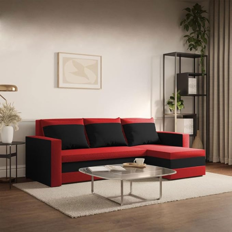 Loft Ecksofa mit Schlaffunktion und Bettkasten Stoff Komfort- Sofa L-Form 225x130x75 cm - Rot-Schwarz, Weicher Pluszbezug, Universell Aufbau Links/Rechts