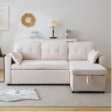 Sofa Bed with Sleep Function, L Sofa, Upholstered Furniture, Lounge Chair with Storage Space, with Drink Holder, Living Room Sofa Bed, Interchangeable Left and Right (Beige)
