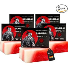 MEDUNA Samurai Cherry Blood Pack of 5 Exfoliating Soap Men Natural Shower Soap, Natural Cosmetics, Natural Soap, 100 g, No Chemical Additives, Vegan, Cruelty Free