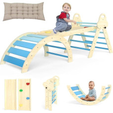 7-in-1 Montessori laipiojimo trikampis su pagalvėle - medinis laipiojimo žaislas 1-3 metų mažyliams - vidaus laipiojimo arka su kalneliu, kopėčiomis ir žaidimų arka (mėlyna)