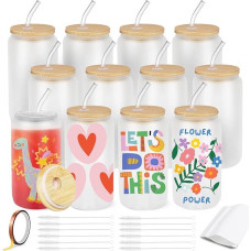 Sublimacinės stiklinės skardinės su šiaudeliais ir bambukiniais dangteliais, puodeliai kokteiliams, viskiui, kolai, sultims, sodai, arbatai, vandeniui, dovanų rinkinys, gėrimai 16 oz (matinis)