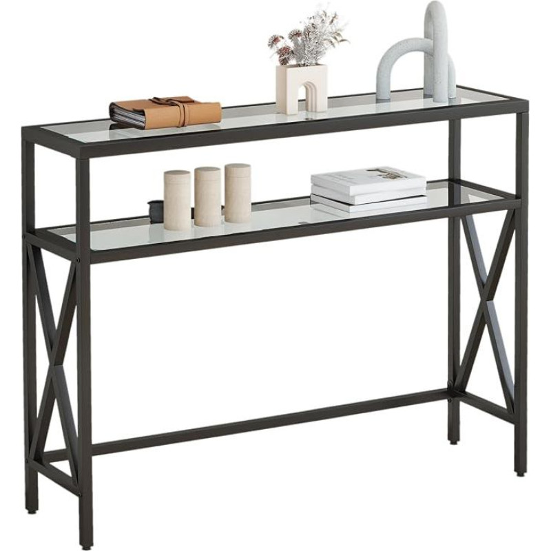 YMYNY HGD007B Konsolinis staliukas, grūdinto stiklo sofos staliukas, pramoninis prieškambario staliukas, siauras sofos staliukas su lentynomis, kompaktiškas staliukas mažoms erdvėms, 101 x 25 x 80,5 cm, juodas