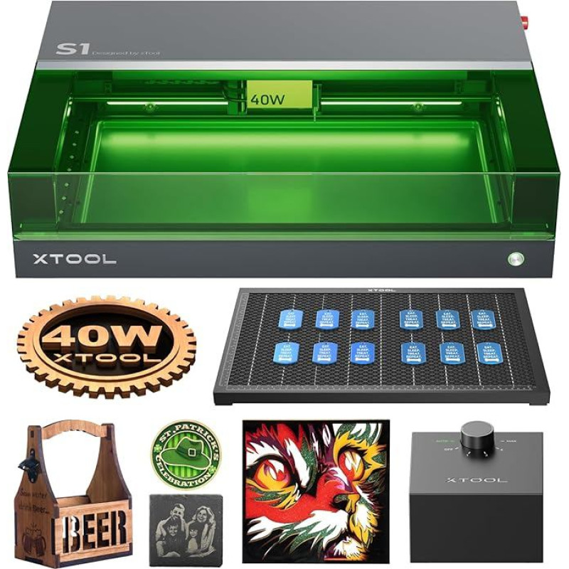 xTool S1 40 W lazerinės graviravimo staklės ir pjaustytuvas su oro pagalbine sistema ir korėto medžio plokšte, automatinis fokusavimas, 600 mm/s greitis, 498 x 319 mm darbinis plotas, skirtas medienai, metalui, akrilui graviruoti partijomis