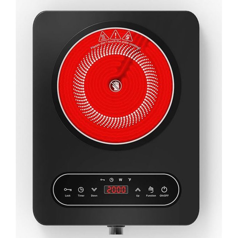 VBGK Glaskeramik Kochfeld 1 Platte, 220V, 2000W, Kochfeld mit LED-Touch-Bedienelementen und Drehreglern, 10 Leistungsstufen, 4-Stunden-Timer, Sicherheitsverriegelung Herdplatte mit Stecker