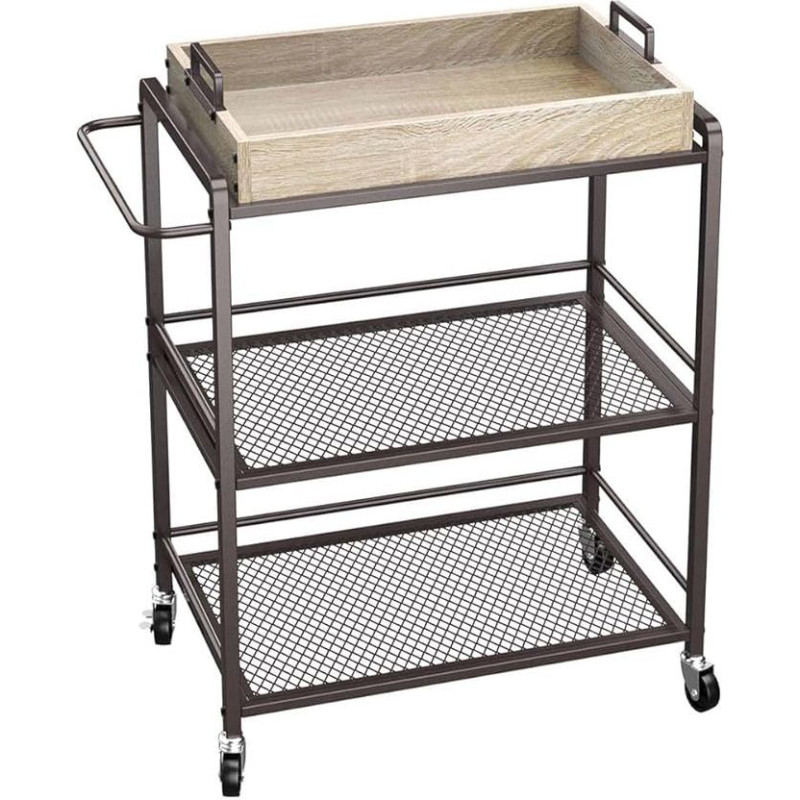 BAKAJI 3 pakopų pramoninis virtuvės vežimėlis su pasukamais ratukais ir mediniu pusryčių padėklu, taupantis vietą, universalus, metalinės konstrukcijos, 65 x 33 x 91 cm (bronzos spalvos)