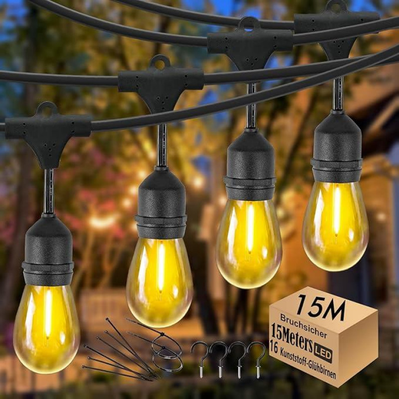 15 m LED pasakų žibintai Lauko sodo pasakų žibintai Vandeniui atsparus IP65 su 15+1 E27 LED lemputėmis 2700 K šiltai balta sodo terasos vestuvėms [G energijos klasė]