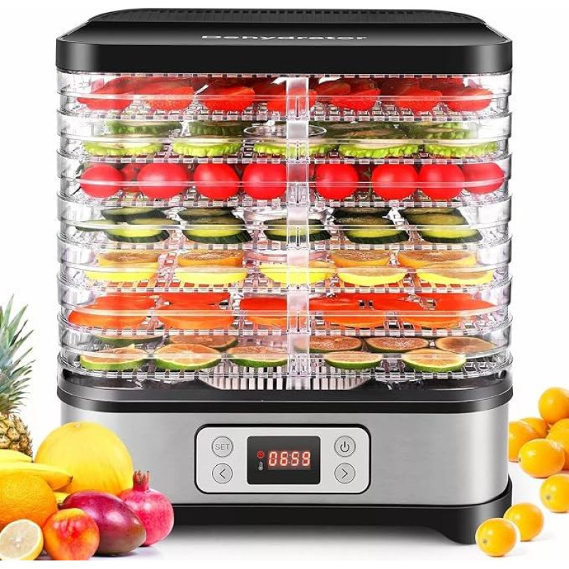 Nictemaw Dehidratorius iš nerūdijančio plieno, 400 W galios, 8 skyrių, 35-70 °C temperatūros reguliavimas, skirtas mėsai, vaisiams, daržovėms ir riešutams