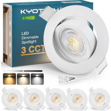 KYOTECH LED Recessed Spotlight, 230 V, Dimmable, 68-75 mm, 5 W LED Spot Ultra Flat, 550 LM, 3000 K/4000 K/6500 K Ceiling Spotlights, 45° Swivelling Recessed Lights, IP44 Recessed Spotlights for