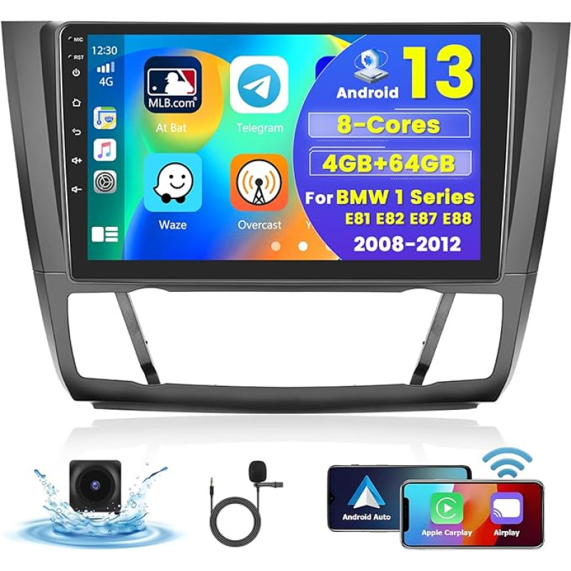 [8Cores 4G + 64G] Hikity Car Radio Android 13 for BMW 1 Series E87 E88 E81 E82 2008-2012 9 Inch Touch Display Car Radio with 1280 x 720 Pixel 32EQ FM RDS Wireless Carplay Android Car Navigation WFI