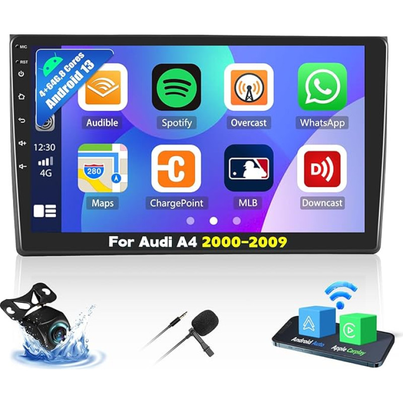 4+64G 8 Core Android 13 Radio 2DIN for Audi A4 (B6/B7) S4 RS4 8E 2000-2009 with CarPlay Android Car Radio with Screen 9 Inch Support Bluetooth GPS FM RDS WiFi SWC DSP/EQ + Reversing Camera