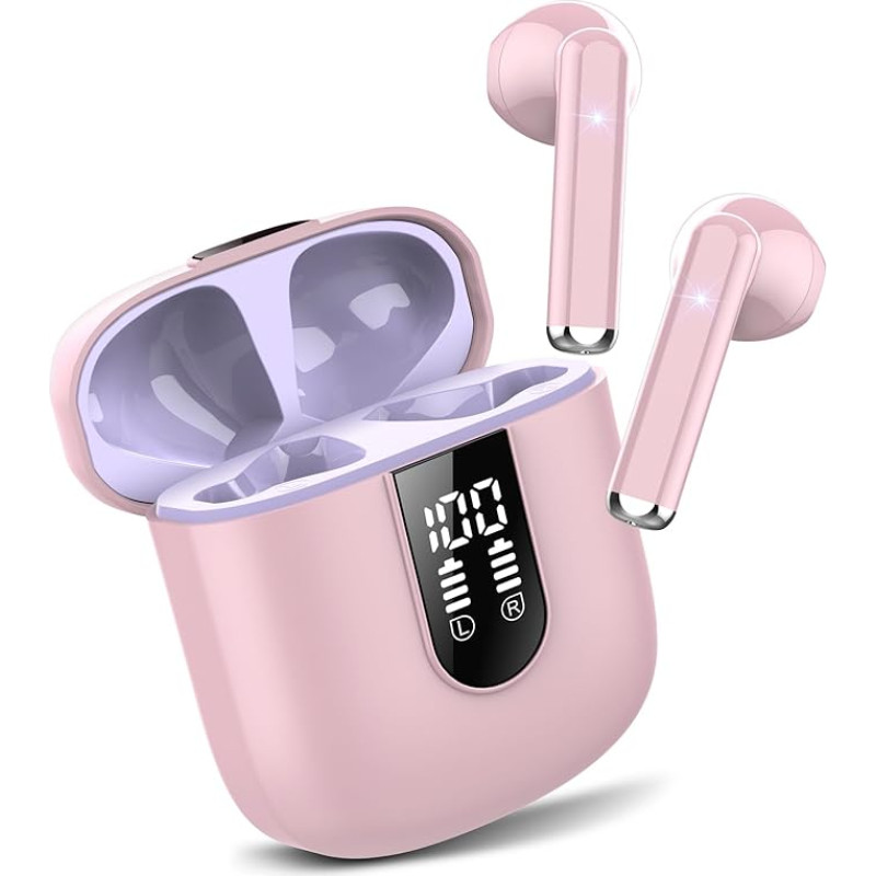 Bluetooth In-Ear Headphones, Wireless Bluetooth 5.3, Ultralight Earphones with HD Microphone, Outstanding Sound Music Streaming up to 30 Hours, LED Display, IP7 Waterproof, Peach Pink