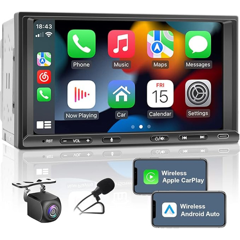 Double DIN Radio with Wireless CarPlay & Wireless Android Car, Car Radio with Navigation 7 Inch Screen, Car Radio Touch Display with Bluetooth, Mirror Link, Reversing Camera, AM/FM