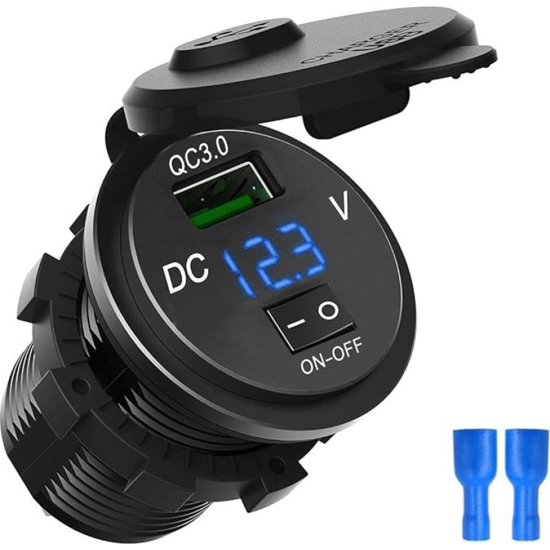 Wallfire Quick Charge 3.0 USB Car Charger Socket Digital Display Voltmeter USB Charger Socket with ON/OFF Switch for Car Marine MTB Motorcycle (Color : Blue)