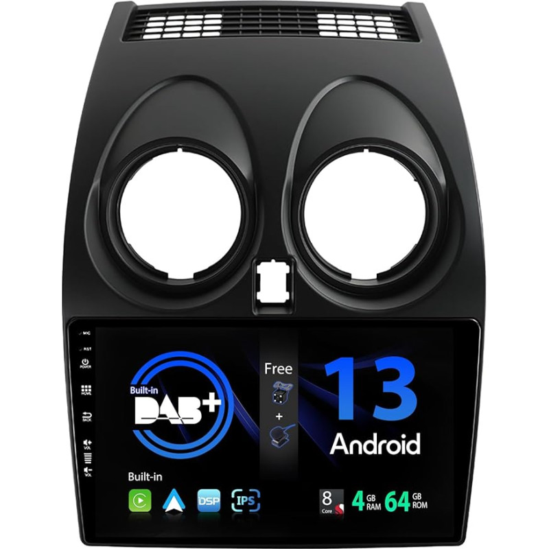 SXAUTO - Built-in DAB - Android 13 IPS Car Radio Fits Nissan Qashqai J10 (2006-2015) - Built-in Carplay/Android Car/DSP - LED Camera + MIC - 4G + 64G - AHD 360-Camera SWC Fast-Boot - 2 DIN 9 Inch