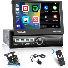 Hikity Car Radio 1Din with Carplay and Android Car, 7 Inch Automatic Retractable Touchscreen Radio with Bluetooth Hands-Free System Mirrorlink FM USB AUX TF SWC, Mic, Reversing Camera