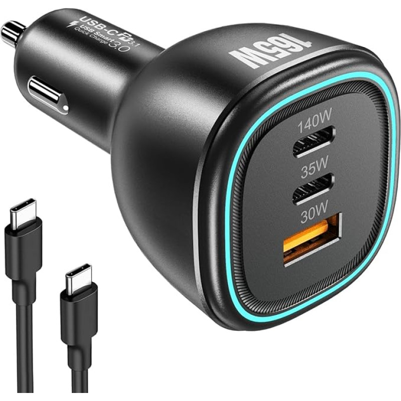 165W Cigarette Lighter USB C 3 Ports Simultaneous Charging PD3.1 140W Fast Car Charger with 100W USB Type C Cable Compatible with MacBook iPad Samsung Phone Tablet Laptop