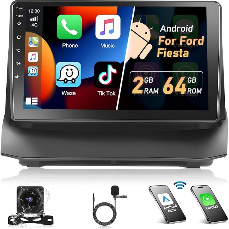 Podofo 2+64G Car Radio for Ford Fiesta 2009-2014 with Wireless Carplay, 9 Inch Android 13 Car Radio with Screen, Bluetooth, HiFi, Android Car, WiFi, GPS, RDS + Reversing Camera & Microphone