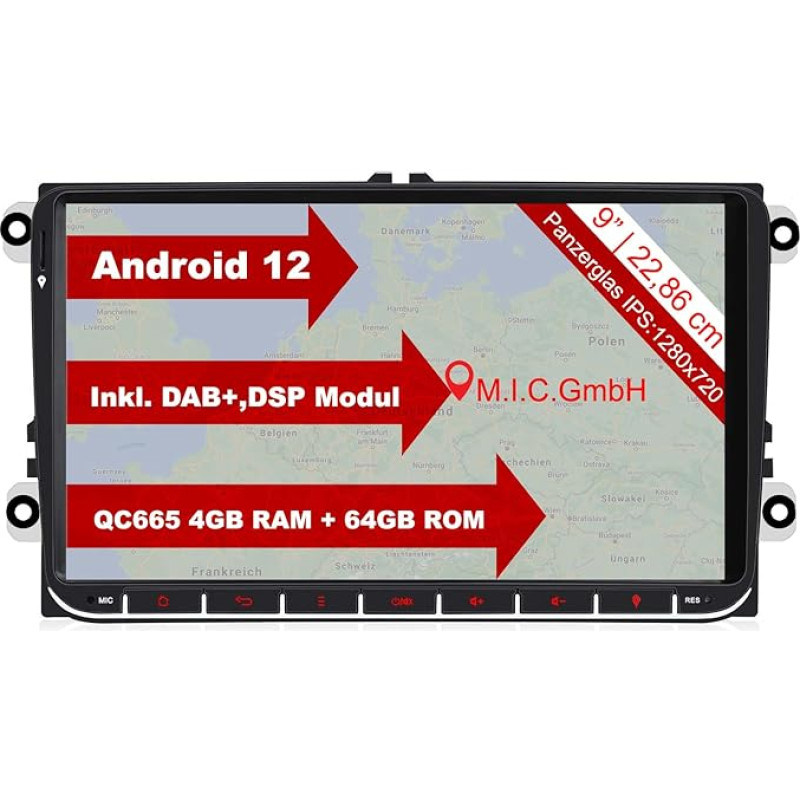 M.I.C. AV9V2 Android 10 Car Radio with Navi Qualcomm Snapdragon 665 4G + 64G, Replacement for VW Golf T5 Touran Passat RNS RCD Skoda Seat: SIM DAB Plus Bluetooth 5.0, WiFi 2DIN 9 Inch IPS Tempered Glass Screen, USB