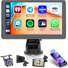 Hikity Wireless CarPlay & Wireless Android Car, 7 Inch IPS Carplay Display with Reversing Camera, Supports Bluetooth Handsfree Calling, Siri/Google Assistant and AUX/TF/USB Charging Ports