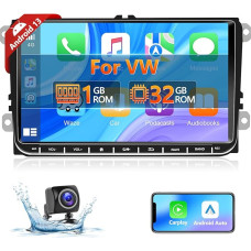 Podofo Wireless A-pple Carplay Car Radio for VW Passat B6 Golf 5 6 Polo Skoda Seat Jetta Caddy Touran, 1+32G 9 Inch Touchscreen Car Radio with Android Car, Bluetooth, GPS, AM/FM RDS Radio + Rear View