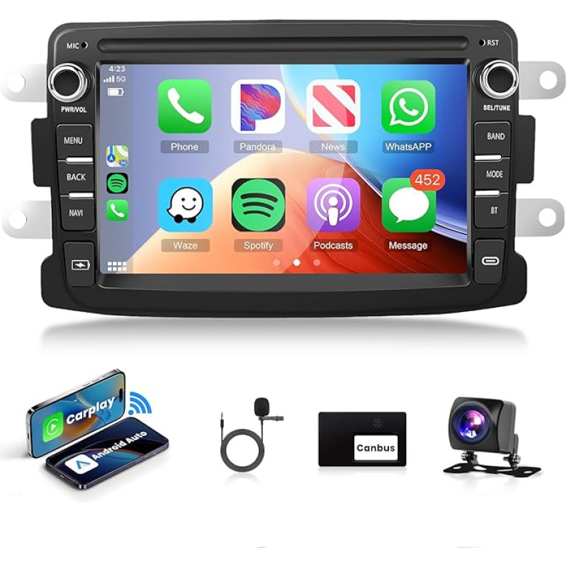 7 Inch Car Radio 2 DIN for Dacia Logan Dokker Duster Sandero Lodgy / Renault Captur Symbo Duster/LADA Xray 2 Wireless Carplay Android Car Bluetooth with AHD Reversing Camera HIFI / RDS/FM