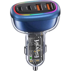 P4Y Fast Car Charger US-CC169 C34 with Coloured Light 4 Ports 2X USB-C 2X USB-A Fast Charging PD30W+QC3.0 AACC 120W Charging 4 Devices Simultaneously (Light Blue)