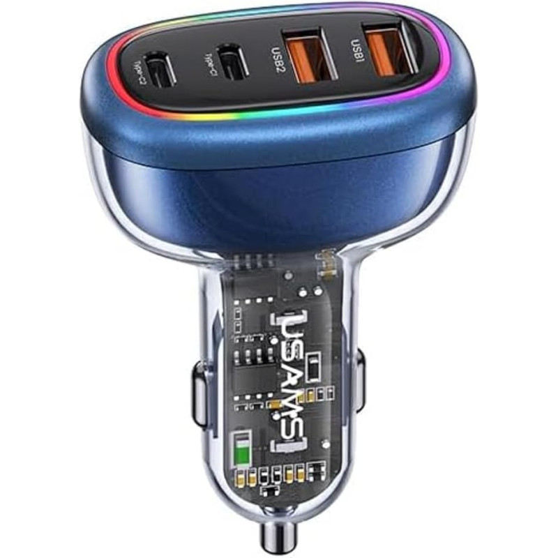 P4Y Fast Car Charger US-CC169 C34 with Coloured Light 4 Ports 2X USB-C 2X USB-A Fast Charging PD30W+QC3.0 AACC 120W Charging 4 Devices Simultaneously (Light Blue)