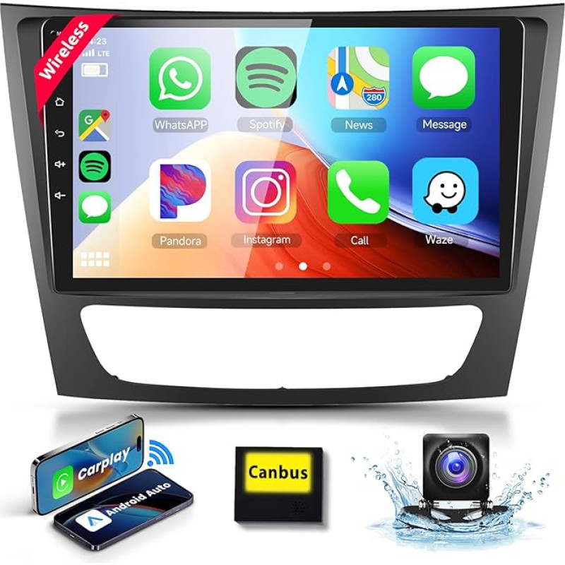 Wireless Carplay 9 Inch Car Radio 2 DIN for Mercedes E Class W211 W219/CLS Class 2005-2008 Android Car Airplay, podofo Radio Bluetooth with Screen HiFi RDS/FM WiFi GPS Navigation + AHD Rear View