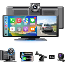 10,26 Zoll 4K Wireless Carplay Display Android Auto Display,Autoradio Kabelloses Carplay Bildschirm,Android Auto Bildschirm mit AUX/FM,Dash Cam,Rückfahrkamera,Mirror Link,Bluetooth für alle Fahrzeuge