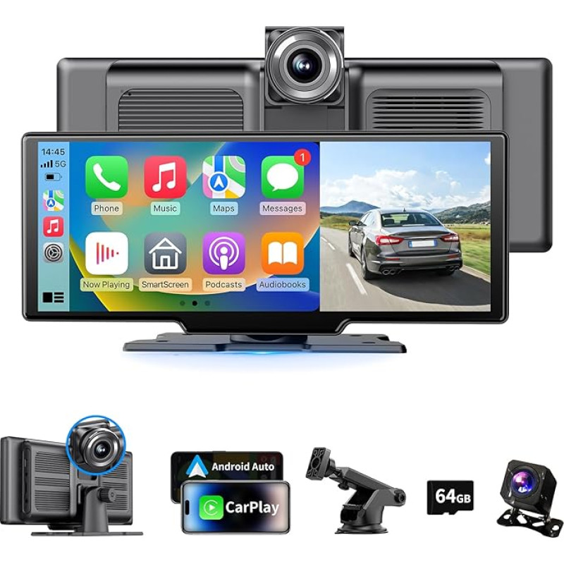 10,26 Zoll 4K Wireless Carplay Display Android Auto Display,Autoradio Kabelloses Carplay Bildschirm,Android Auto Bildschirm mit AUX/FM,Dash Cam,Rückfahrkamera,Mirror Link,Bluetooth für alle Fahrzeuge