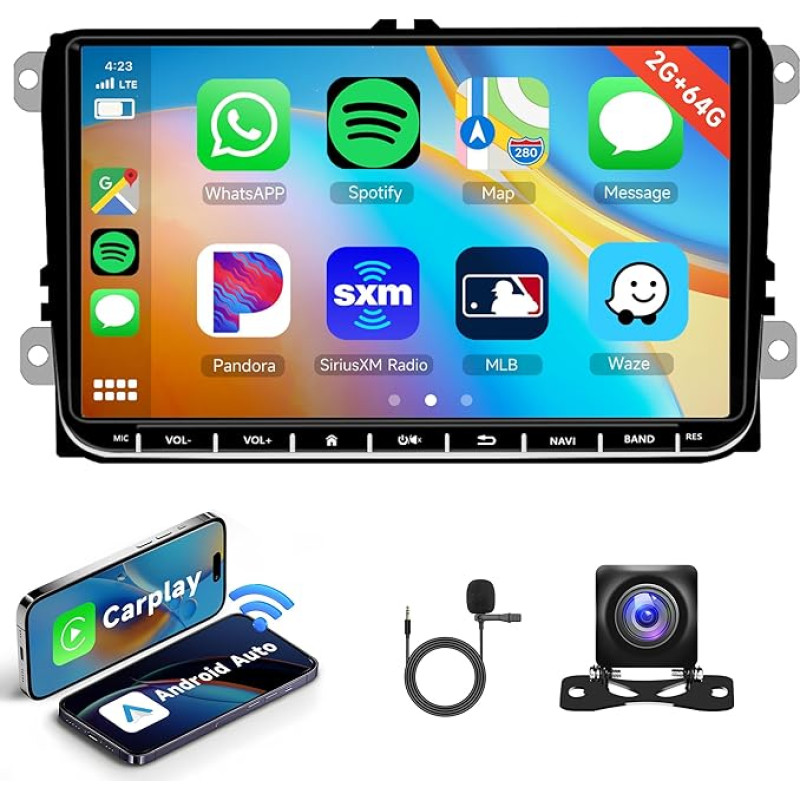 2G + 64G Wireless Carplay Android Car Radio for VW Golf 5 6 Passat Polo Tiguan Touran Caddy Skoda with Android Car GPS Navigation WiFi Mirror Link 9 Inch Car Radio with Bluetooth FM/RDS/DAB+/DVR