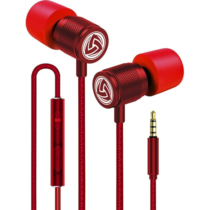 Ludos Ultra Headphones - In-Ear Headphones Cable, Headphones with Microphone, Crystal Clear Sound, Balanced Highs and Lows, New Memory Foam, Durable Cable, Bass and Volume Control In-ear red