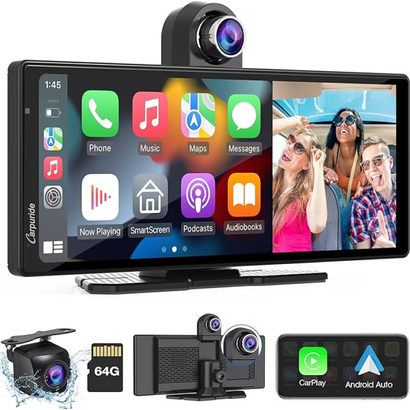 Carpuride W903 Portable Wireless Carplay & Android Car with Dash Cam 9.3 Inch HD IPS Screen, 4K Front & Rear View Camera, Loop Recording, Bluetooth, Mirror Link, GPS, Siri, Dashboard Mount