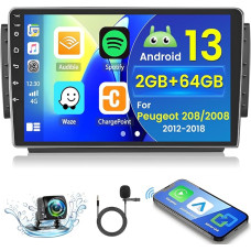 2+64GB Android 13 Car Radio for Peugeot 208/2008 2012-2018 Radio Wireless Carplay Android Car, 10.1 Inch IPS Touch Screen Radio with Reversing Camera, Bluetooth, Navi, WiFi, DSP, EQ, Mirror Link