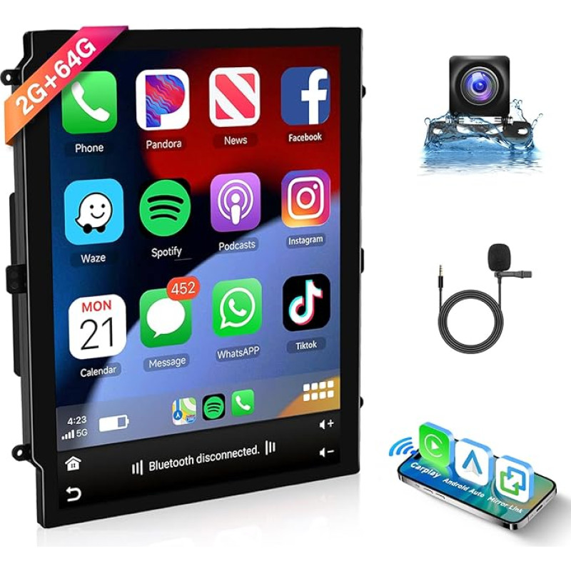 Hodozzy 2G 64G Android 2 DIN Car Radio Wireless Carplay and Android Car, 9.7 Inch Touchscreen Screen with Bluetooth Mirror Link WiFi GPS Navigation HiFi FM/RDS Radio, Steering Wheel Control